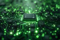Glowing green microchip on circuit board with bokeh light effects, representing advanced computing technology and digital innovation in electronics.