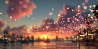 Romantic sunset cityscape with floating heart-shaped bokeh lights over water reflecting golden sky and urban silhouette for love and Valentine themes.