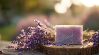 Handcrafted lavender soap bar on wooden slice with fresh purple lavender flowers in soft sunlight background, perfect for natural skincare products.