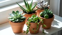 Collection of small succulents in terracotta pots on white windowsill with natural sunlight creating shadows for home decor and gardening projects.