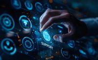 Hand touching digital support interface with glowing blue icons and holographic elements, perfect for technology support, customer service, and IT solutions concepts.