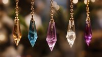 Colorful crystal pendants hanging on golden chains with bokeh lights background for jewelry and accessories design.