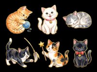 Cute cats collection with orange tabby kitten playing with yarn ball, white cat with pink collar and bell, gray striped sleeping cat, black and white playful cat, orange and white cat with magic wand, and black cat with red bow. Isolated on transparent background, ready for t-shirts, stickers, clipart, and print-on-demand designs.