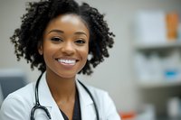 Young African American female doctor smiling in medical office wearing white coat and stethoscope for healthcare and medicine concepts.