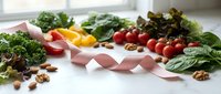 Fresh vegetables, nuts, and greens arranged with a pink ribbon on a marble surface, symbolizing healthy eating and cancer awareness.
