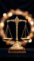 Golden scales of justice on wooden base with warm bokeh lights background symbolizing law, legal system, fairness and judicial balance in courtroom setting.