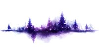 Mystical purple forest silhouette with reflection on water surface, featuring pine trees in foggy landscape with sparkling lights and dreamy atmosphere.