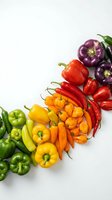 Colorful assortment of fresh peppers arranged in rainbow gradient from green to red on white background, showcasing variety for culinary and healthy eating concepts.