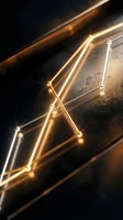 Glowing neon tubes in warm gold and cool white light form geometric shapes against dark background, creating modern abstract design for contemporary art projects.
