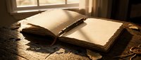 Old vintage book with yellowed pages open on wooden table in warm sunlight creating nostalgic atmosphere for reading and literature concepts.