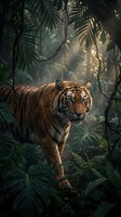 Majestic tiger prowling through dense tropical jungle with dramatic lighting and lush green foliage creating atmospheric wildlife scene for nature photography.