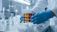 Laboratory technician wearing blue gloves holding test tubes with amber liquid in modern research facility for scientific testing and chemical analysis.