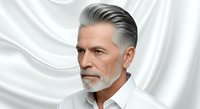 Mature man with gray hair and beard wearing white shirt against white draped fabric background, suitable for corporate portraits and professional headshots.