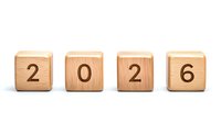 Wooden number blocks showing 2026 on white background, minimalist composition with natural wood texture and clean design for business and calendar concepts.