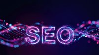 Glowing neon SEO letters with digital particles and light trails on dark background for web marketing and search engine optimization concepts.