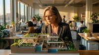 Middle-aged woman with blonde hair and glasses wearing business attire examining architectural model in modern office with colleagues working at desks and city view behind her.