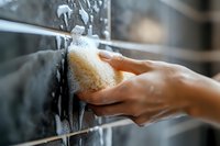 Hand washing glass with soap foam and water in kitchen sink, close up view showing proper cleaning technique and hygiene practices.