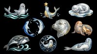 Cute seal and dolphin clipart set isolated on transparent background, ready for stickers, t-shirt design, print on demand, and sublimation projects.