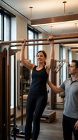 Middle-aged Caucasian woman doing pull-ups with male trainer assistance in modern gym. Fitness coaching session with professional guidance and support.