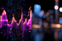 Digital audio waveform visualization in pink and purple neon colors against dark background with blurred city lights, modern music production and sound analysis concept.