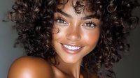 Young woman with curly dark hair and radiant smile against neutral background, showcasing natural beauty and positive emotion.