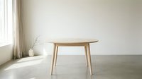 Minimalist wooden dining table with natural light from window, modern Scandinavian interior design, empty room with concrete floor and neutral decor for home furnishing concepts.