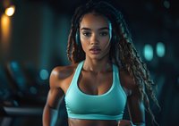 Young African American female athlete in mint sports bra with long curly hair, illuminated by dramatic teal and orange lighting against dark background in fitness setting.