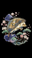Watercolor hedgehog in Asian art style with cherry blossoms and clouds, isolated on transparent background. Great for t-shirts, stickers, print on demand.