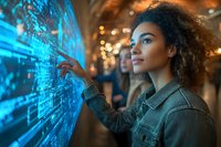 Young African American woman with curly hair interacting with futuristic blue holographic display interface in modern environment with bokeh lights.