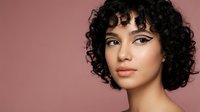 Young mixed-race woman with curly black hair and natural makeup looking away thoughtfully against soft pink background for beauty and skincare campaigns.