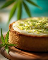 Creamy lime cheesecake with zesty citrus topping on wooden board, garnished with fresh green leaves against blurred teal background.