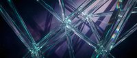 Futuristic crystal glass geometric structure with light refractions and prismatic reflections on dark purple background, abstract luxury concept.