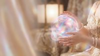 Woman in beige sweater holding glowing iridescent soap bubble with soft light reflections, suitable for wellness, magic, and dreamy lifestyle content.