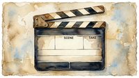 Vintage film clapperboard on aged, weathered paper background with distressed texture. Used for filmmaking, movie production, cinema projects, and entertainment industry designs.