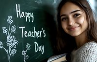 Young female student smiling next to chalkboard with "Happy Teacher's Day" message and floral drawings, holding books in classroom setting.