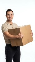Young male delivery worker, Caucasian ethnicity, smiling while holding cardboard box against white background for shipping and logistics concepts.