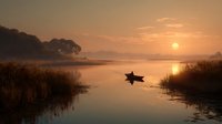 Tranquil sunrise over misty lake with silhouette of person in small boat, golden light reflecting on calm water surrounded by reeds and distant trees.