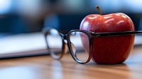 Fresh red apple with reading glasses on wooden desk against blurred background, symbolizing education, knowledge and healthy learning environment.
