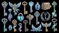 Antique keys collection with ornate designs, gemstones, and decorative elements isolated on transparent background. Ready for clipart, t-shirt design, stickers, print-on-demand, and sublimation projects.