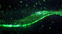 Glowing green particles form dynamic wave pattern against dark background with floating bokeh lights and sparkling dust effect for technology designs.