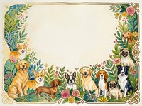 Adorable dogs border frame with floral elements on cream background. Various dog breeds including golden retriever, corgi, pug, beagle arranged decoratively.
