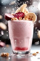 Pink berry smoothie with banana slices, walnuts and plum garnish in glass with water droplets splash for healthy breakfast menu design.