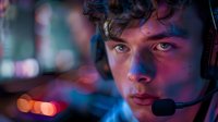 Young male gamer in headset illuminated by vibrant neon blue and pink lighting, close-up portrait with dramatic bokeh background showing focused expression.