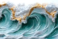 Powerful ocean wave with turquoise water and white foam crests highlighted by golden sunlight, creating dramatic movement and natural force in marine environment.