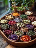 Assorted dried herbs, flowers, and spices in clay bowls arranged on wooden tray. Natural healing ingredients with vibrant colors from rose petals to lavender buds for tea making.