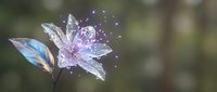 Crystal glass flower with magical sparkles and glowing effects on blurred natural background for fantasy design projects and digital art compositions.