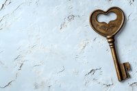 Vintage brass heart-shaped key on light marble texture background with copy space. Romantic symbol of love and mystery for Valentine's day designs.