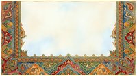 Ornate vintage border frame with intricate floral and geometric patterns in gold, red, and teal on aged parchment background, isolated on white for design projects.