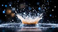 Water drop splash creating crown shape with flying droplets on dark background, dramatic lighting effect with blue bokeh highlights and reflection on wet surface.