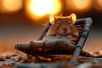 Adorable gerbil relaxing in miniature wooden lounger at sunset, warm bokeh background creates cozy atmosphere for social media and greeting card designs.